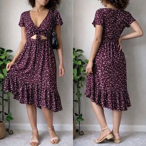 Abercrombie & Fitch Floral Midi Dress Tie Front Cutout Burgundy Boho XS